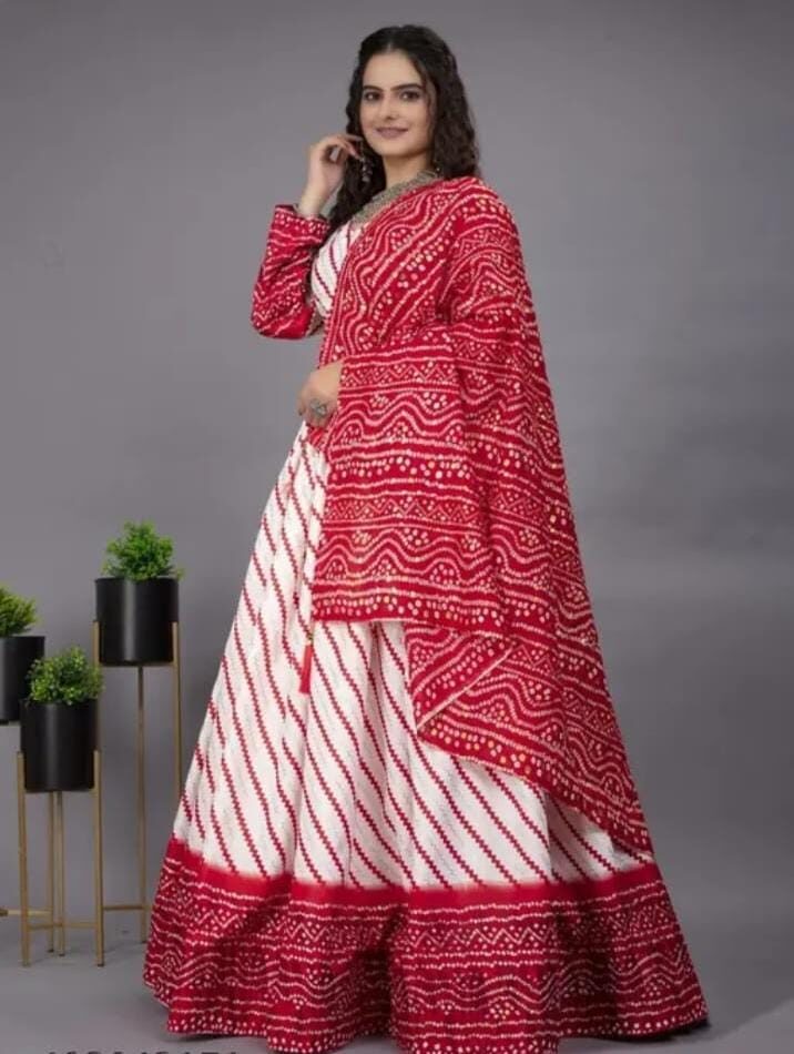 Red & White Bandhani (Bandhej) Lehenga with Dupatta. - Image 3