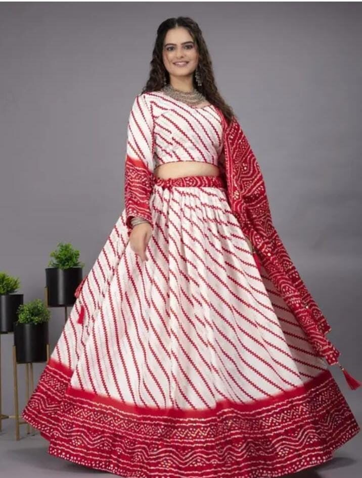 Red & White Bandhani (Bandhej) Lehenga with Dupatta. - Image 2