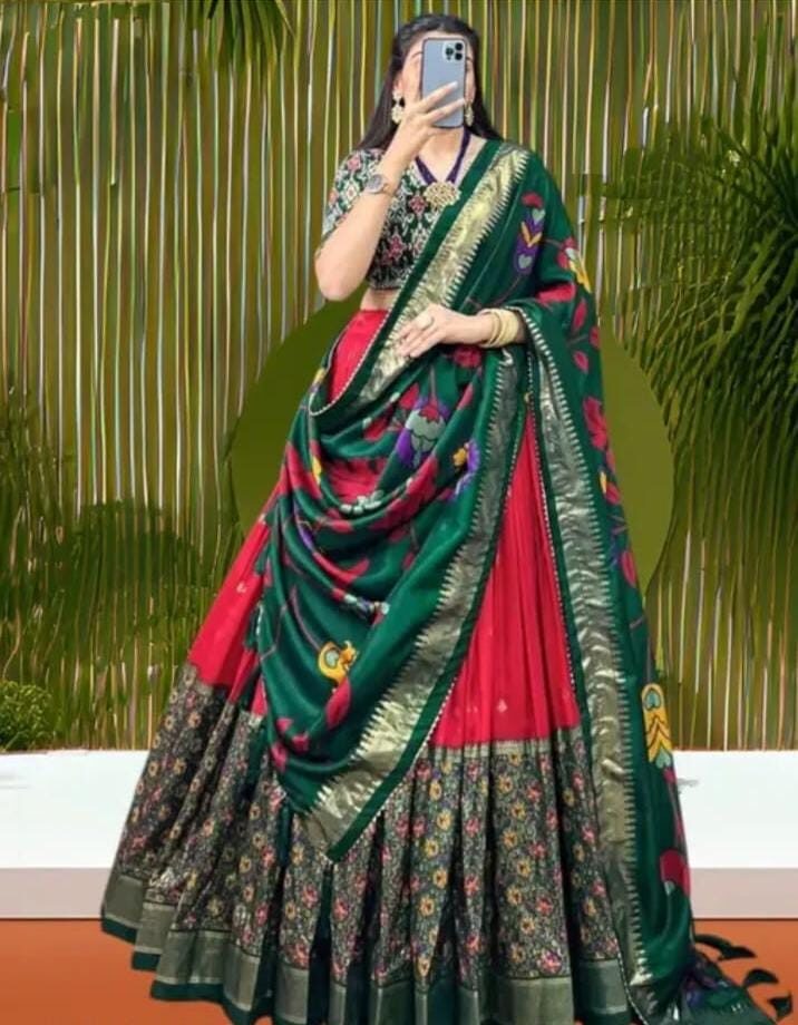 Green & Red Patola Silk Bridal Lehenga with Designer Dupatta” - Image 2
