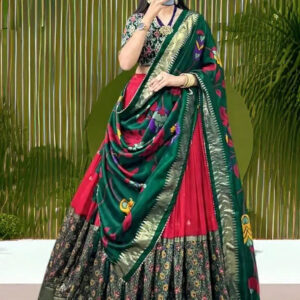 Green & Red Patola Silk Bridal Lehenga with Designer Dupatta”