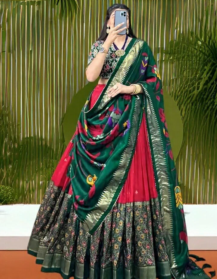 Green & Red Patola Silk Bridal Lehenga with Designer Dupatta”