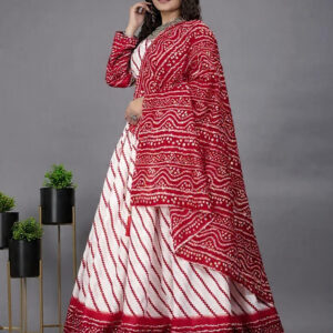 Red & White Bandhani (Bandhej) Lehenga with Dupatta.