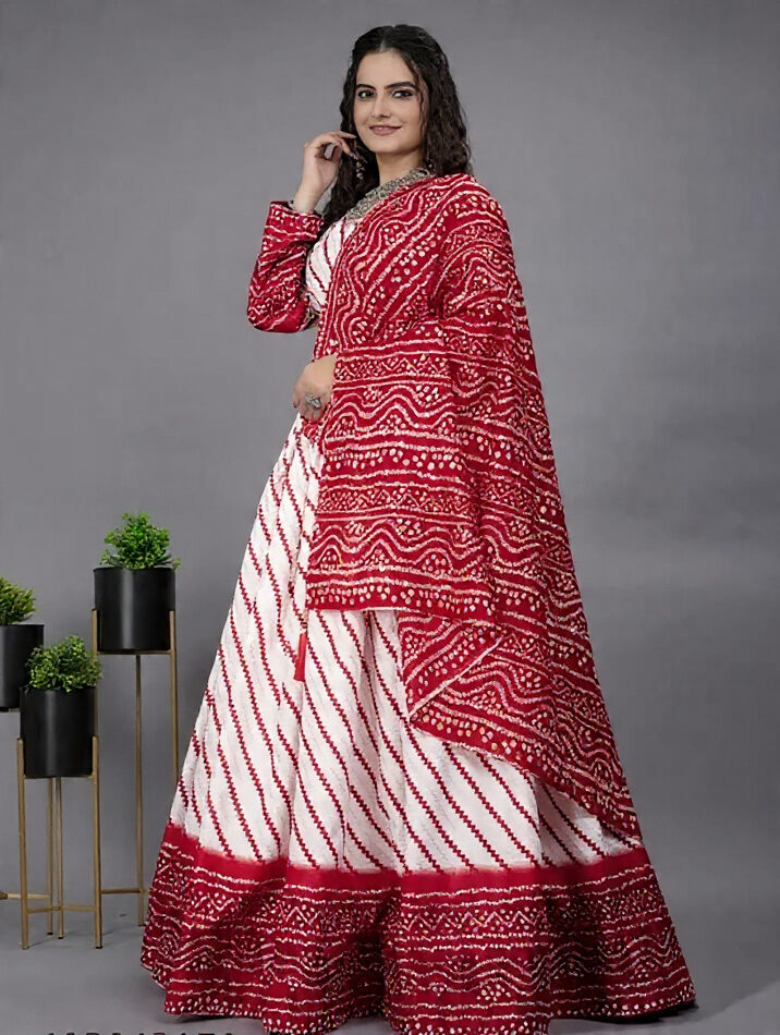 Red & White Bandhani (Bandhej) Lehenga with Dupatta.