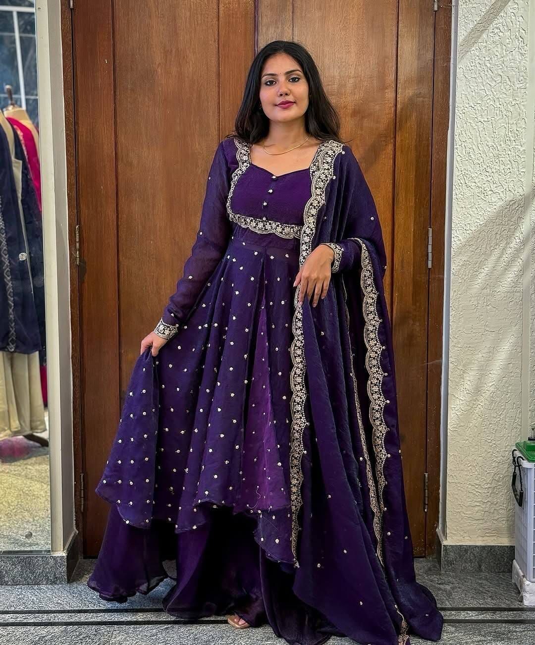 Royal Purple Embroidered Anarkali Suit with Matching Dupatta - Image 3