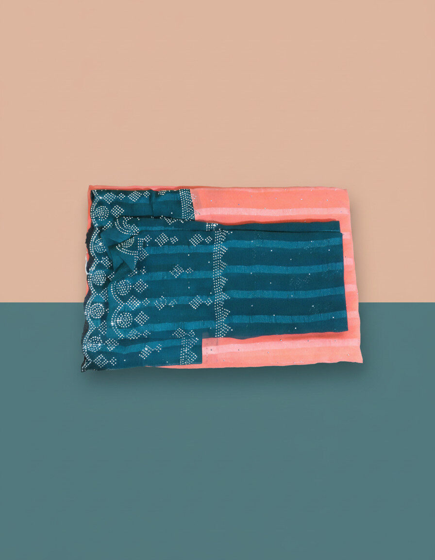 Peach Teal Fusion Saree - Image 3