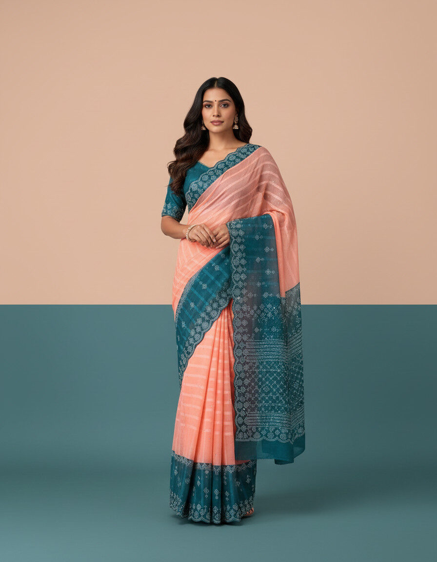 Peach Teal Fusion Saree - Image 2