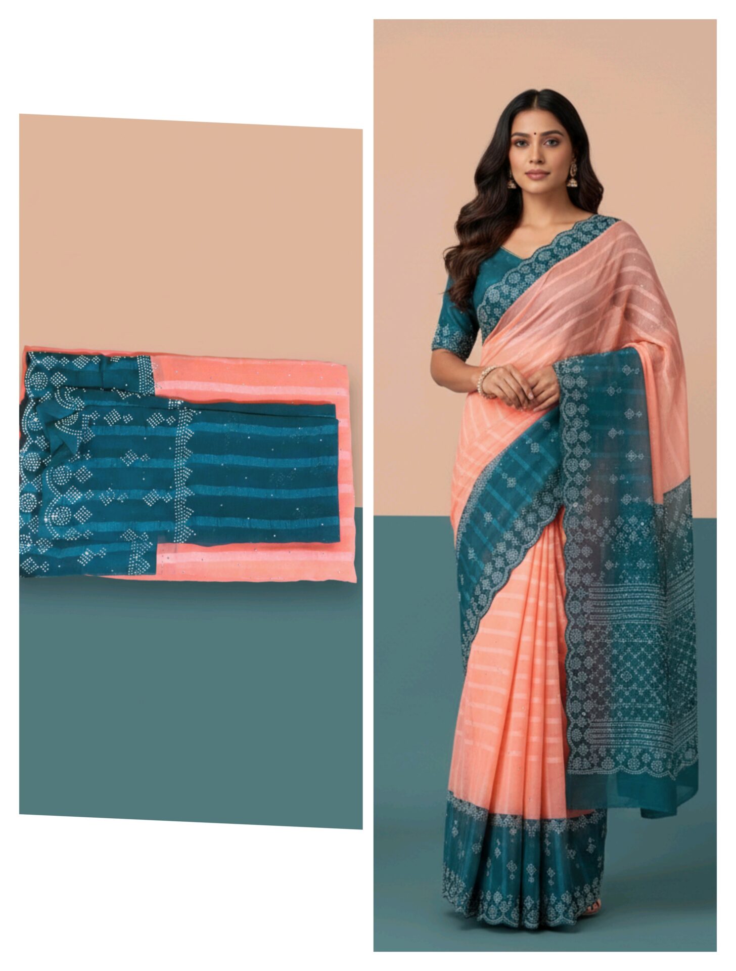 Peach Teal Fusion Saree