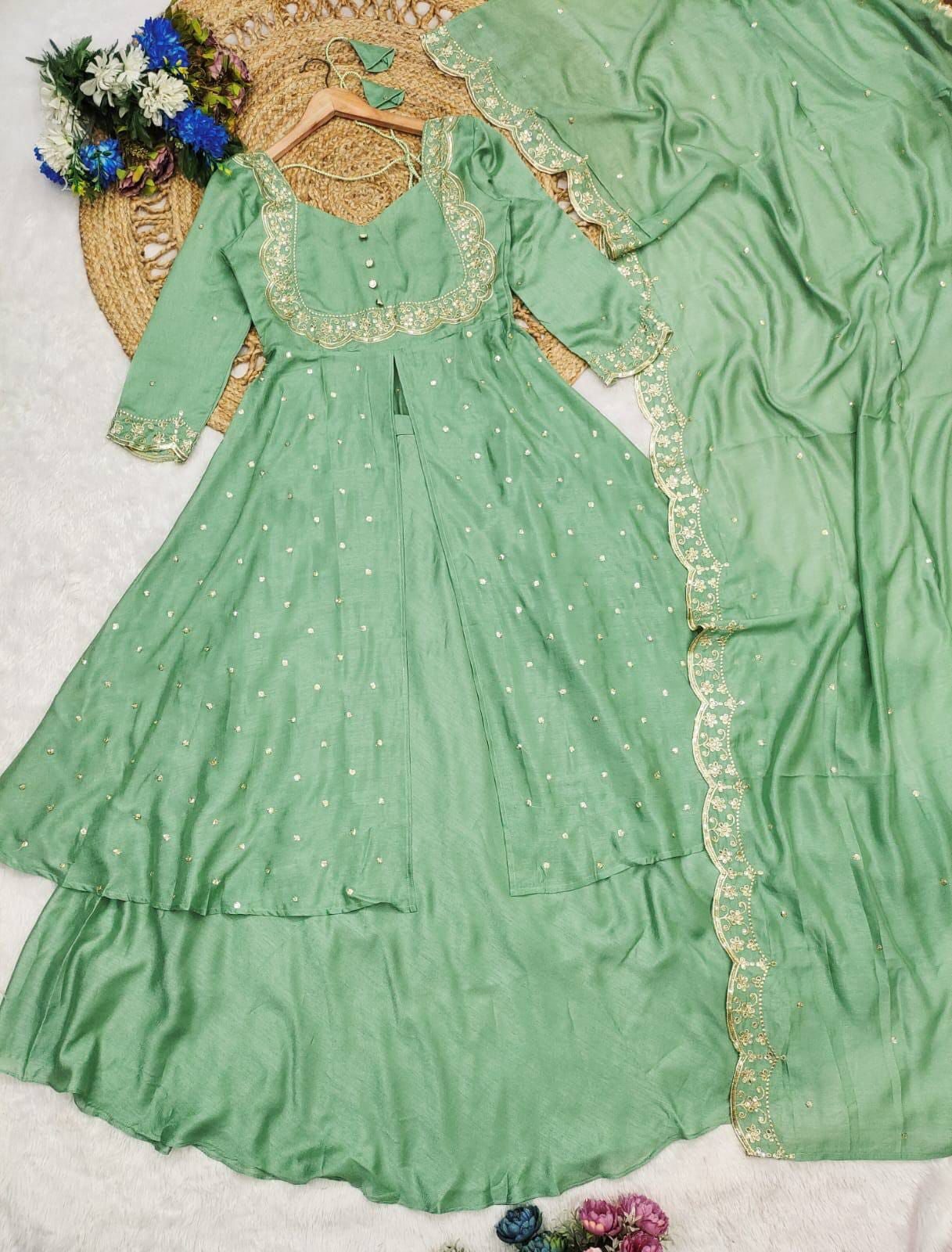 Mint Green Floral Embroidered Anarkali Suit with Dupatta - Image 2