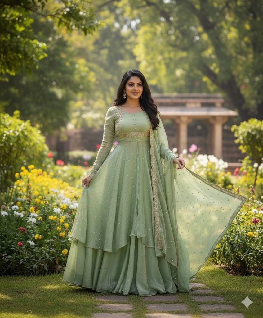 Mint Green Floral Embroidered Anarkali Suit with Dupatta - Image 3